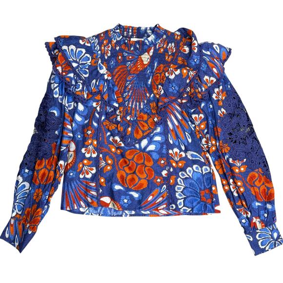 Farm Rio Pineapple Flowers Navy Ruffled Blouse Size XS - Picture 4 of 16